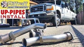 2001 F350 73  RiffRaff UpPipes Install  Stock up pipes leaking and falling apart JUNK SP [upl. by Herman]