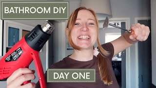 BATHROOM DIY UPDATE  DAY ONE  HEAT GUN SKIRTING BOARD PAINT REMOVAL [upl. by Dannica209]